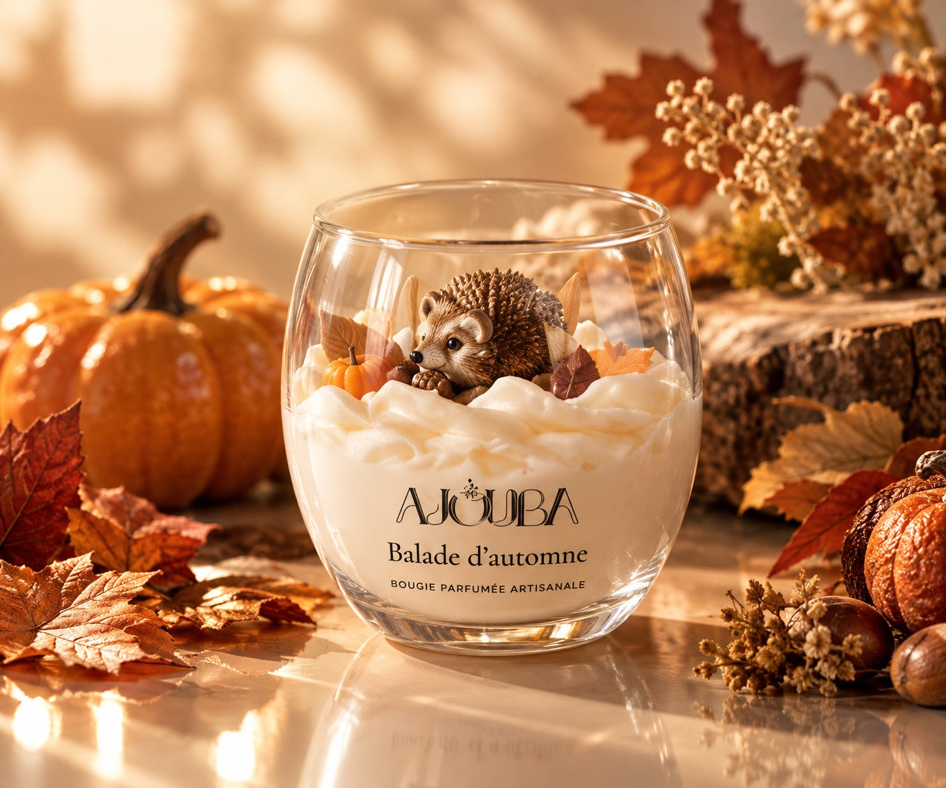 Bougie Balade d’automne Ajouba avec son petit hérisson, dans un décor d’automne