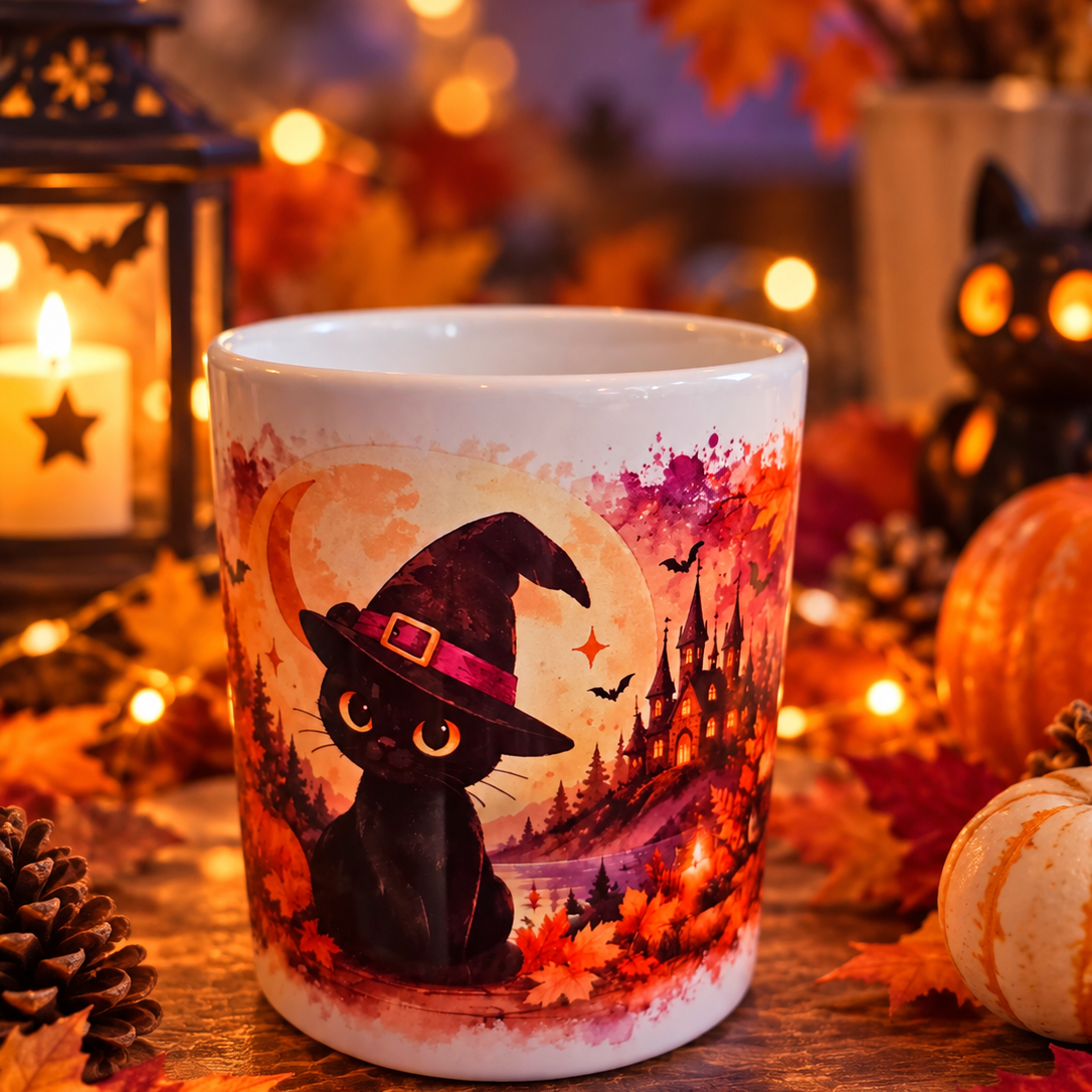 Bougie mug Chapeau noir Ajouba : petit chat noir au chapeau de sorcière sous la lune, édition Halloween