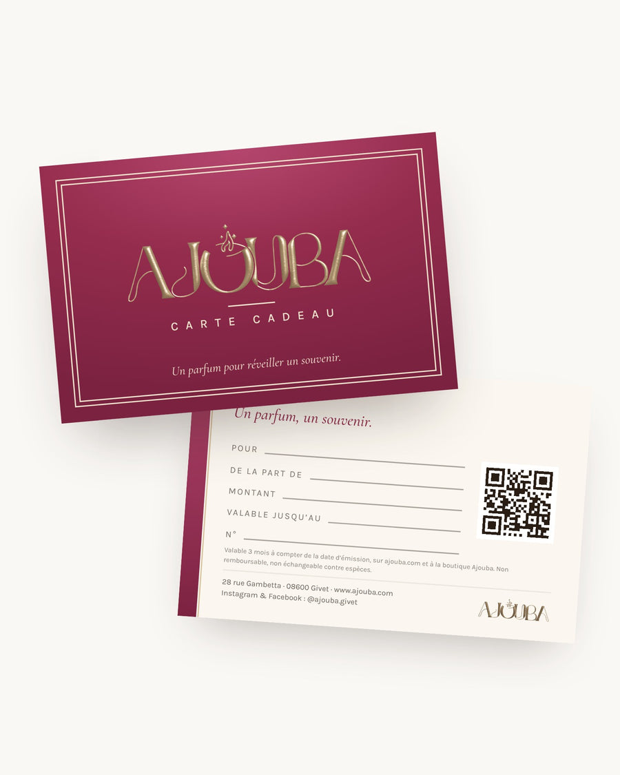 Carte cadeau Ajouba, recto framboise et logo champagne