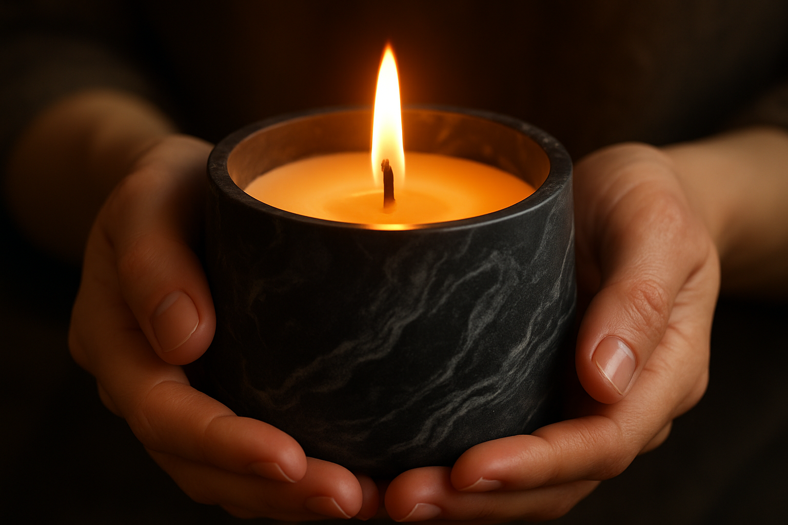Bougie chaleureuse contenant jesmonite noir marbré avec une belle flamme entre des mains