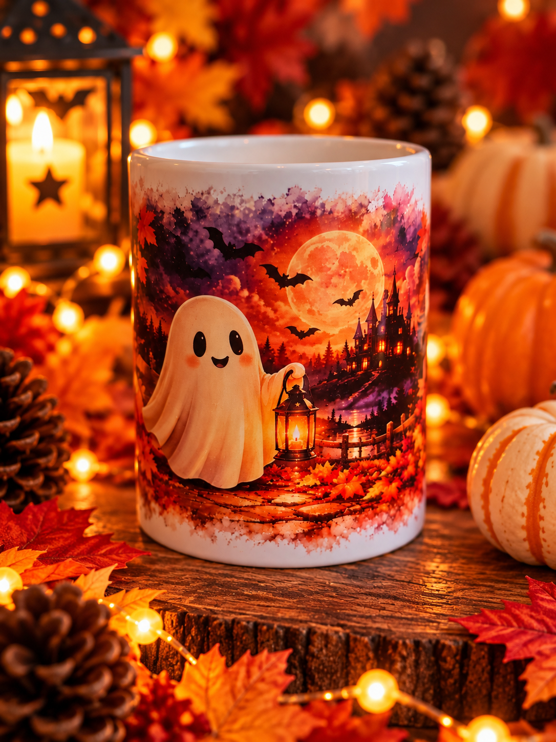 Bougie Le petit fantôme, mug illustré d’un fantôme à la lanterne sous la lune – Ajouba, fait main à Givet
