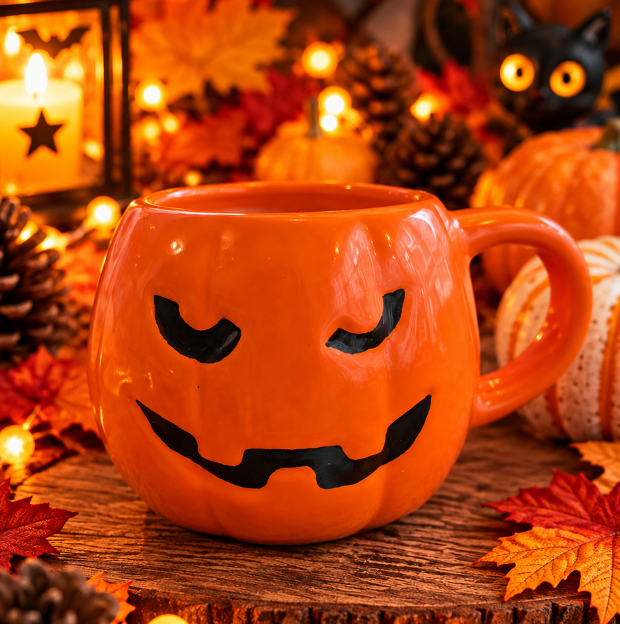 Bougie Mug Hallow, mug citrouille orange au sourire espiègle, dans un décor d’automne – Ajouba, fait main à Givet