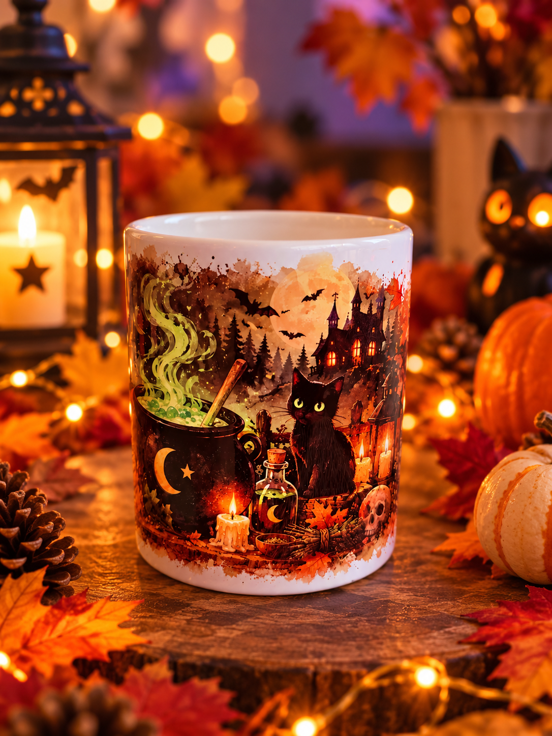 Bougie Chaudron magique, mug illustré d’un chaudron et d’un chat noir – Ajouba, fait main à Givet
